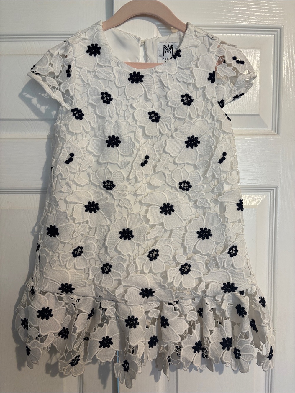 Milly Minis White Lace Dress with Black Floral Appliqués